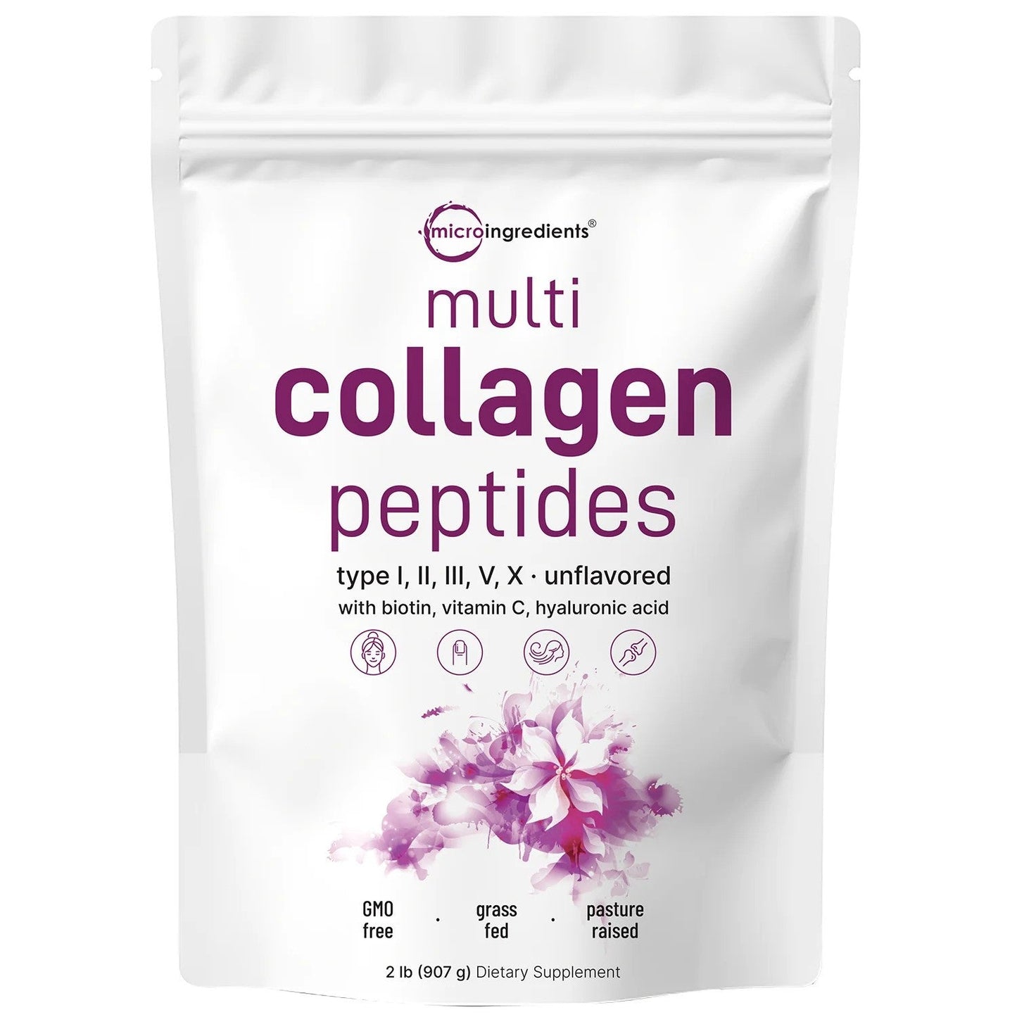 Micro Ingredients Multi Collagen Peptides Powder - Hydrolyzed Protein Peptides (Type I,II,III,V,X) with Hyaluronic Acid, Biotin & Vitamin C - Unflavored